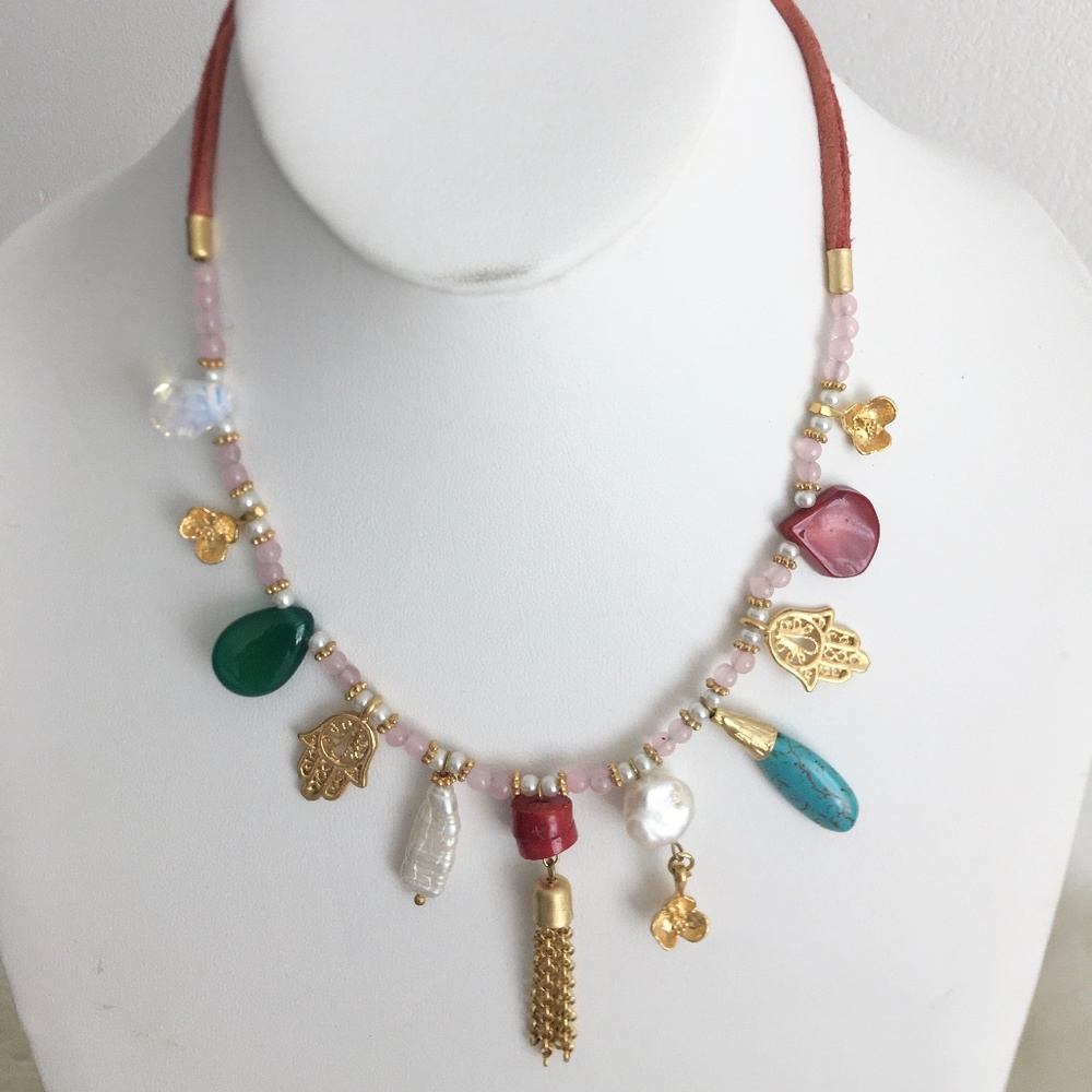 Turkish necklace, semi prec stones, gold pl